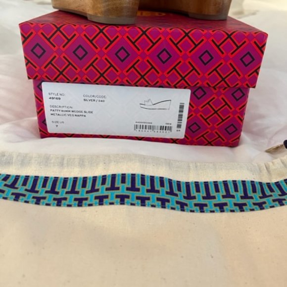 NIB Tory Burch Patty 80mm Platform Wedge Sandal Veg Nappa Metallic Silver 7 RARE - Picture 10 of 14